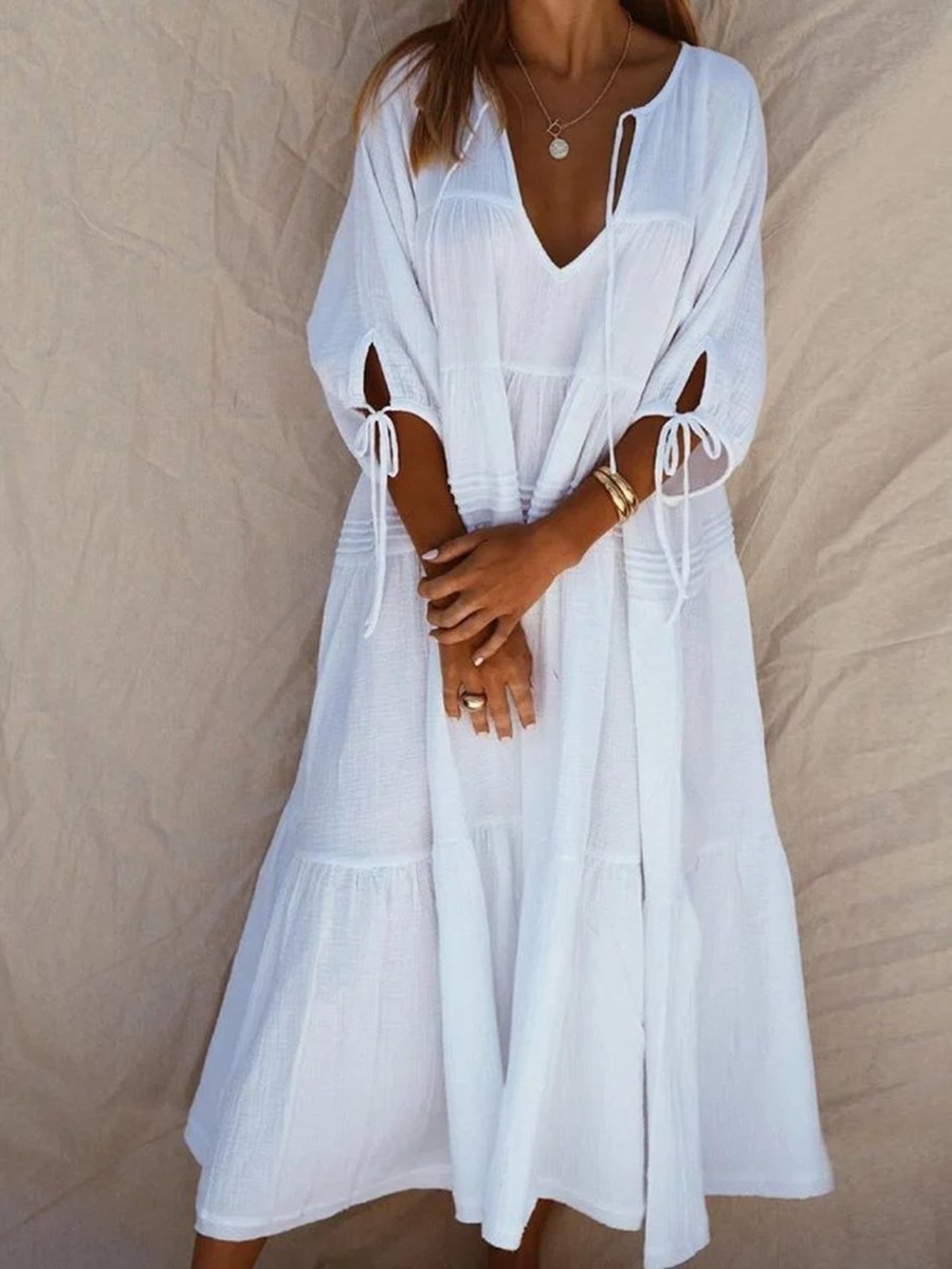 Boho Pure Color Half Sleeve Deep V-Neck Casual Dress