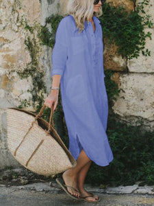 Casual Cotton and Linen Long Sleeve Button Dress