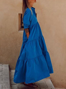 Short-sleeved V-neck Solid Color Dress