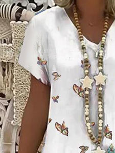 V-Neck Mid-Length Dress Daily Butterfly Print Dress