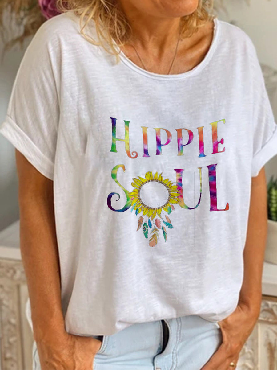 Vintage Round Neck Casual Printed T-Shirts Tops