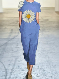 Fashionable Loose Casual Daisy Printed Short Sleeve Jumpsuit