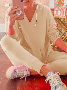 Casual Loose Short Sleeve Hooded Top Pants Knitted Suit
