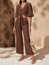 Load image into Gallery viewer, Women&#39;s Neckline Knotted Crop Top and Loose Trouser Suits

