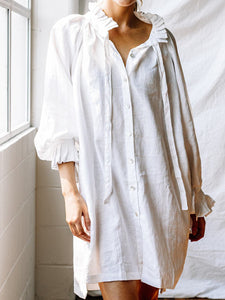 V-neck Button-style Solid Color Shirt Dress