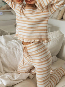 Simple Casual Loose Top Pants Striped Knitted Suit