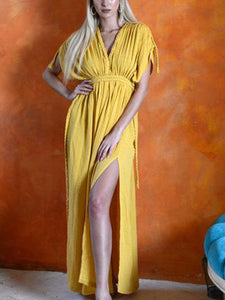 Deep V Neck High Fork Twist Casual Dress