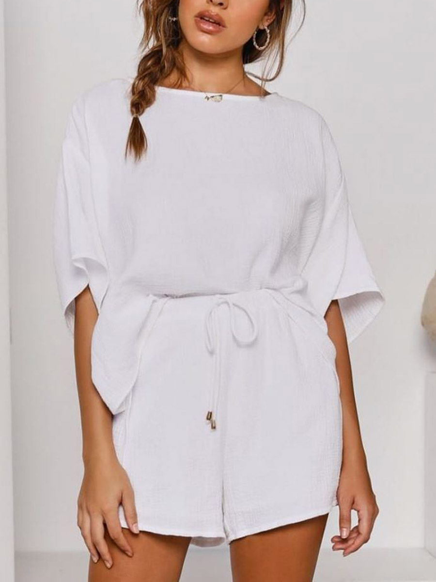 Fashionable Simple Casual Loose Lounge Short Sleeve Top Shorts Set