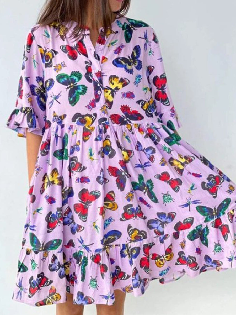 Holiday Round Neck Butterfly Print Dress