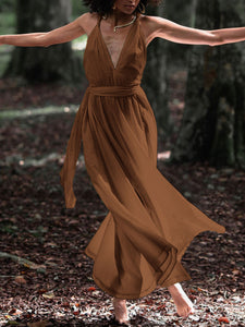 Pure Color High Waist Deep V-neck Sexy Backless Casual Maxi Dress
