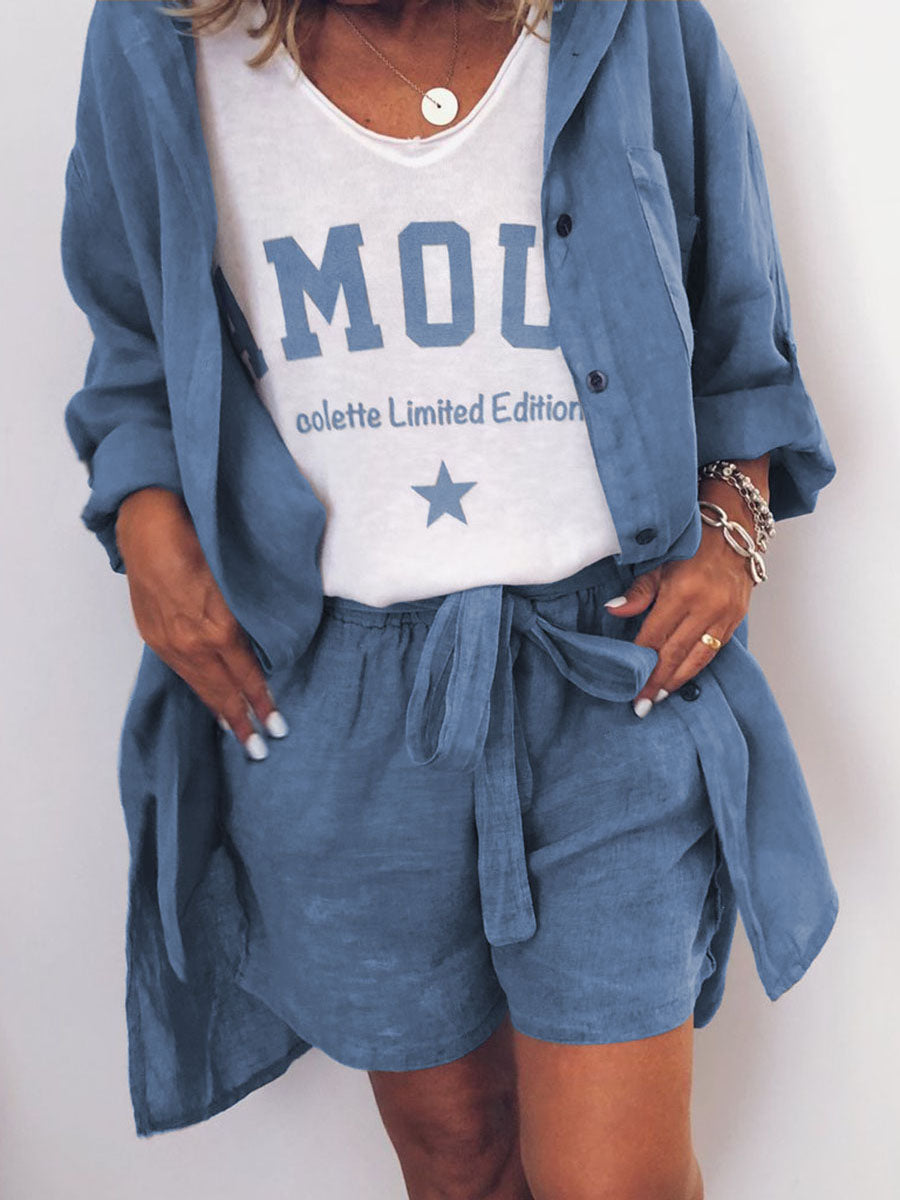 Casual Loose V-Neck T-Shirt Shorts Shirt Three-Piece Suit