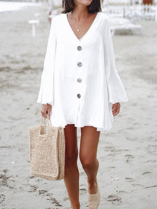 Retro Solid Color Button Long Sleeve Dress
