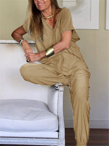 V-neck Short Sleeve Simple Casual Women's Suit