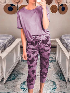 Solid Color Round Neck T-Shirt and Drawstring Camouflage Lounge Pants Set