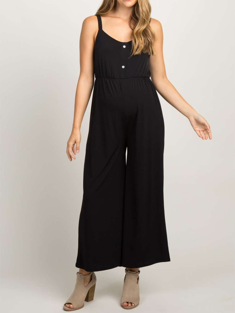 Casual Button Front Wide Leg Loose Maternity Jumpsuit