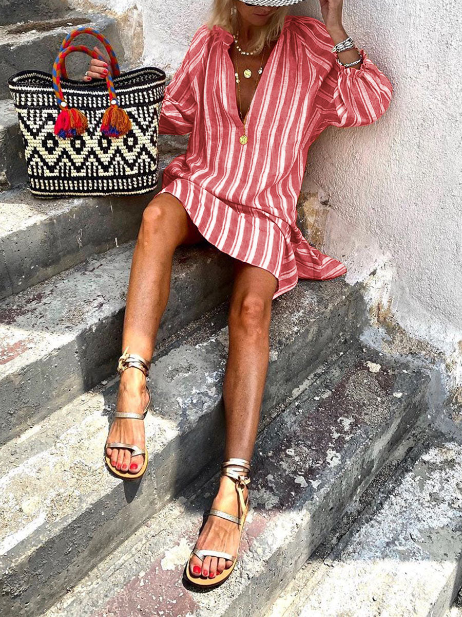 Simple Casual V Neck Long Sleeve Striped Dress