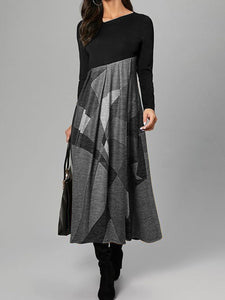 Printed Stitching Long Sleeve High Waist Casual Dress