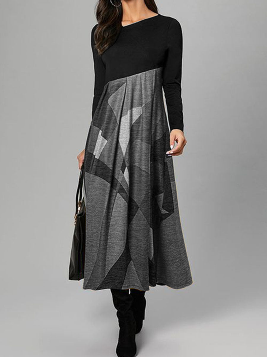 Printed Stitching Long Sleeve High Waist Casual Dress