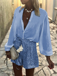 Fashion Casual Loose V Neck Long Sleeve Shirt