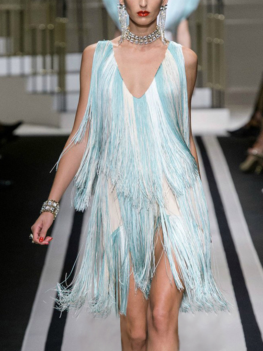 Deep V Gradient Fringe Evening Dress