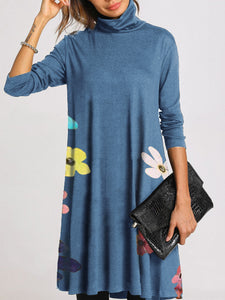 Simple Casual Loose High Neck Floral Dress