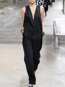 Casual Solid Color Sleeveless V-neck Jumpsuit