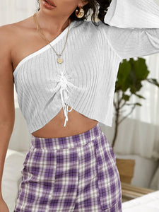 Pure Color Drawstring Sexy One Shoulder Long Sleeve Tops