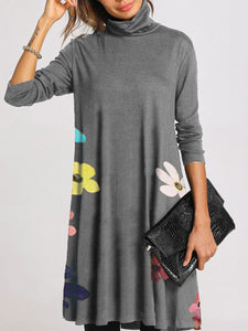 Simple Casual Loose High Neck Floral Dress