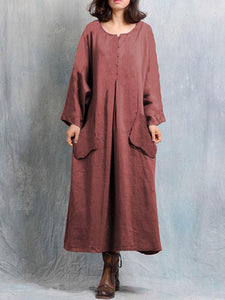 Round Neck Long Sleeve Pocket Maxi Dress