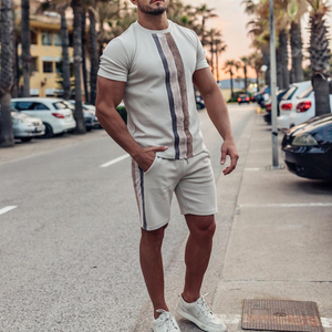 Men'S Beige Striped Casual Short Sleeve Suit