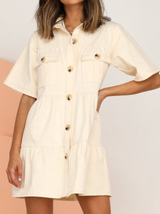 High Waist Button Workwear Casual Dress with Pockets