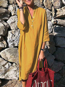 Casual Button V Neck 3/4 Sleeve Dress