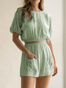 Casual Round Neck Short Sleeve Solid Color Two-piece Suit