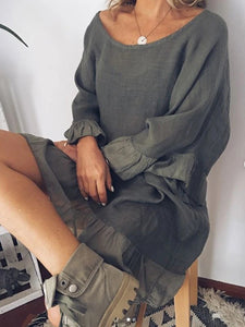 Patchwork Cotton-Blend Casual Bell Sleeve Dress