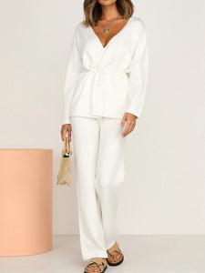 Casual Loose Solid Color V-neck Long Sleeve Two-piece Suit