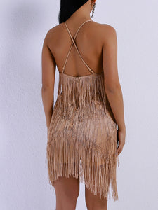 Fringe Cross Strap Evening Dress