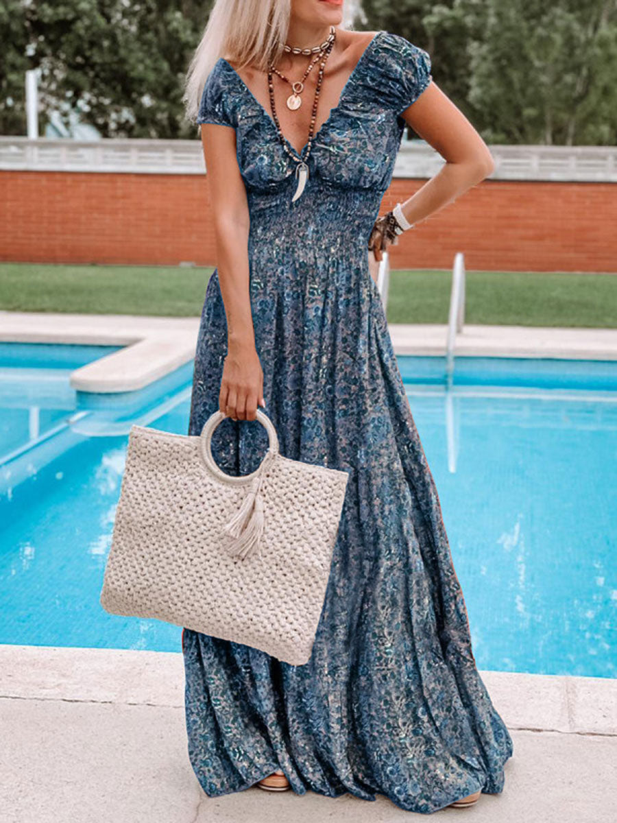 Bohemian Deep V Neck Petal Sleeve Printed Maxi Dress