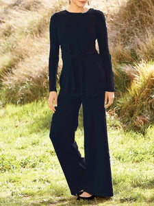 Paneled Crew Neck Long Sleeve Plain Suits