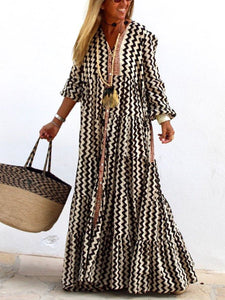 Loose Long Sleeve Zigzag Casual Dress for Summer Autumn