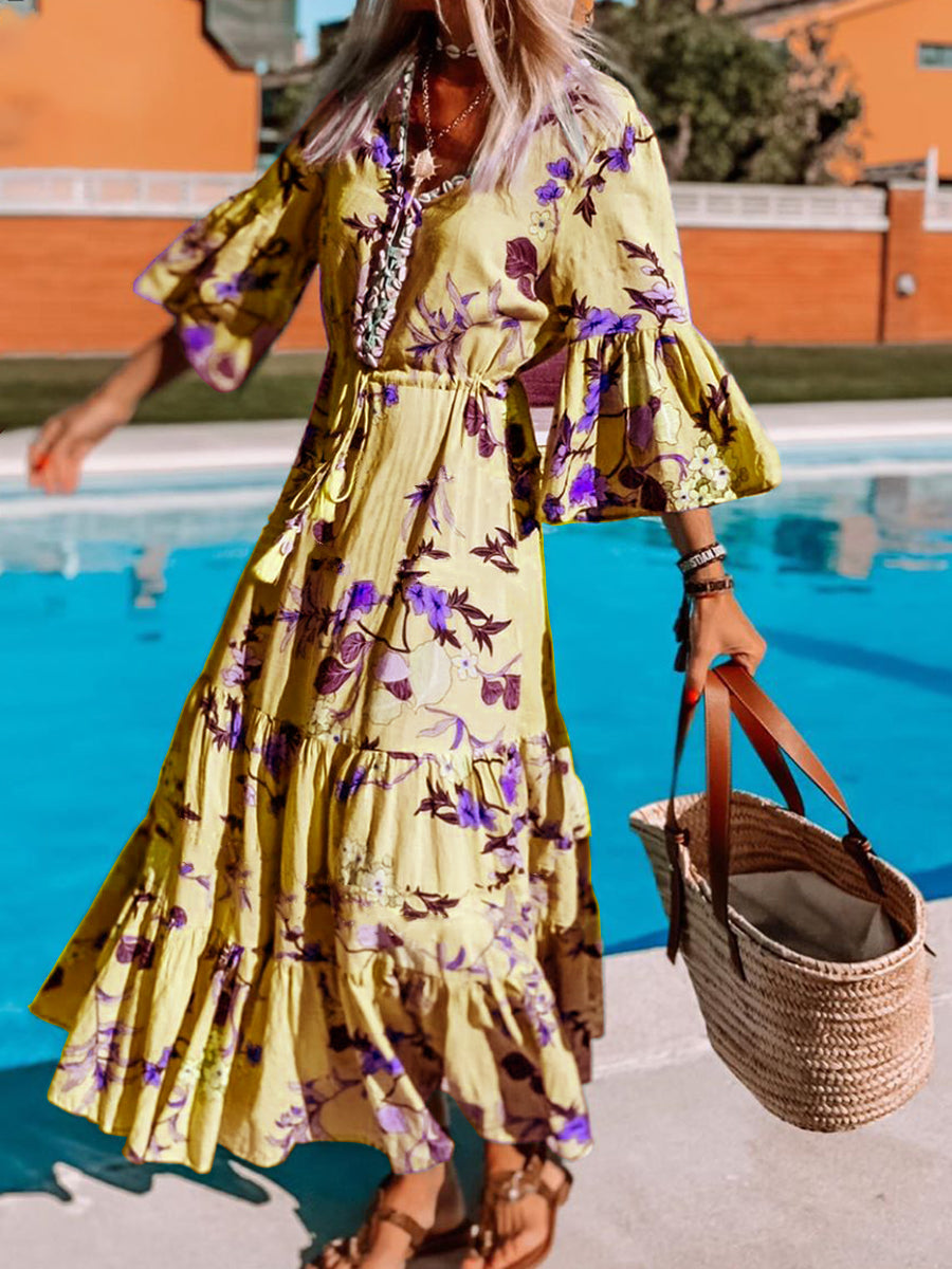 Bohemian Fashion Print Flared Sleeve Dress