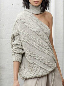 Hemp Pattern High Neck One-shoulder Casual Sweater