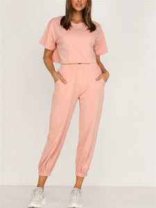 Simple Casual Loose Round Neck Short Sleeve Top Pants Suit