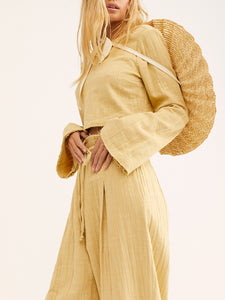Casual Round Neck Linen Tops Loose Trousers Two Piece Set