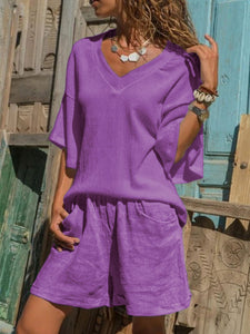 V-neck Short Sleeve Top Shorts Women's Suit