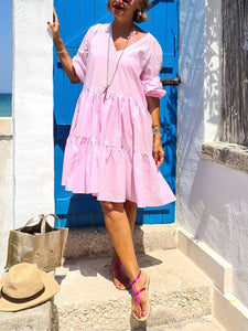 Pure Color V-Neck Casual Dress