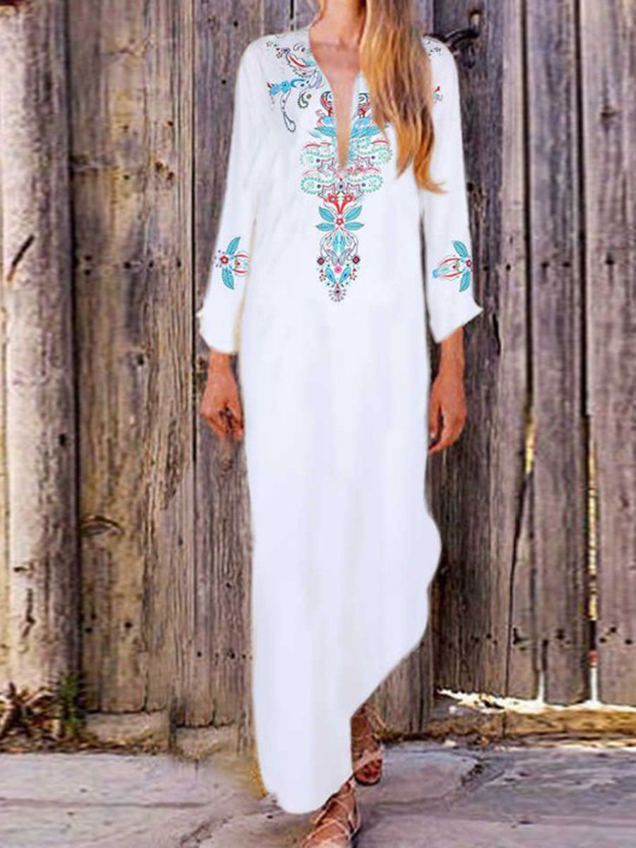 Bohemian Casual Loose V-Neck Floral Dress