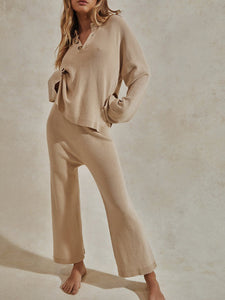 Simple Casual Loose V Neck Top Pants Knit Suit
