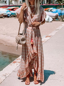 V-neck Ruffled Printed Maxi Dresses