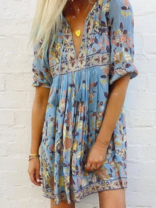 Boho Print 3/4 Sleeve Tassel Mini Dress