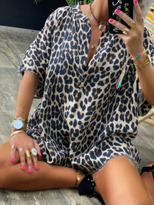 Retro Casual Loose V-Neck Leopard Print Top